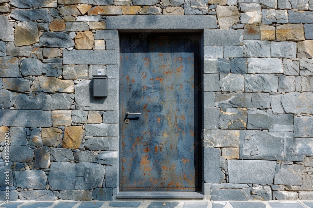Metal Doors. Grey Sheet Metal Door with Small Handle Mounted on House Wall with Stone Tiles Metal Doors. Grey Sheet Metal Door with Small Handle Mounted on House Wall with Stone Tiles