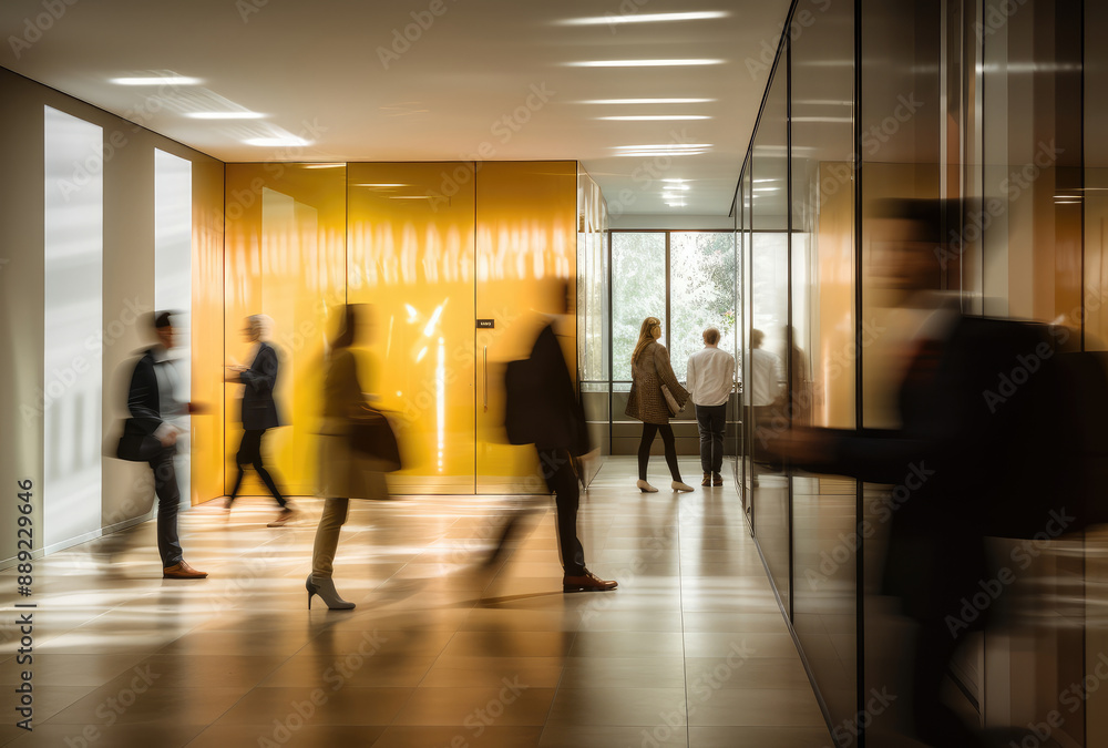 Busy Office Corridor with Blurred Moving People Busy Office Corridor with Blurred Moving People