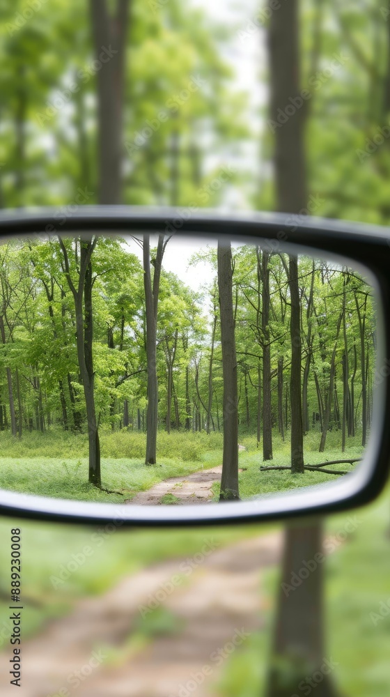 A pair of black eyeglasses sit on a wooden surface, reflecting a sunny path through a green forest A pair of black eyeglasses sit on a wooden surface, reflecting a sunny path through a green forest