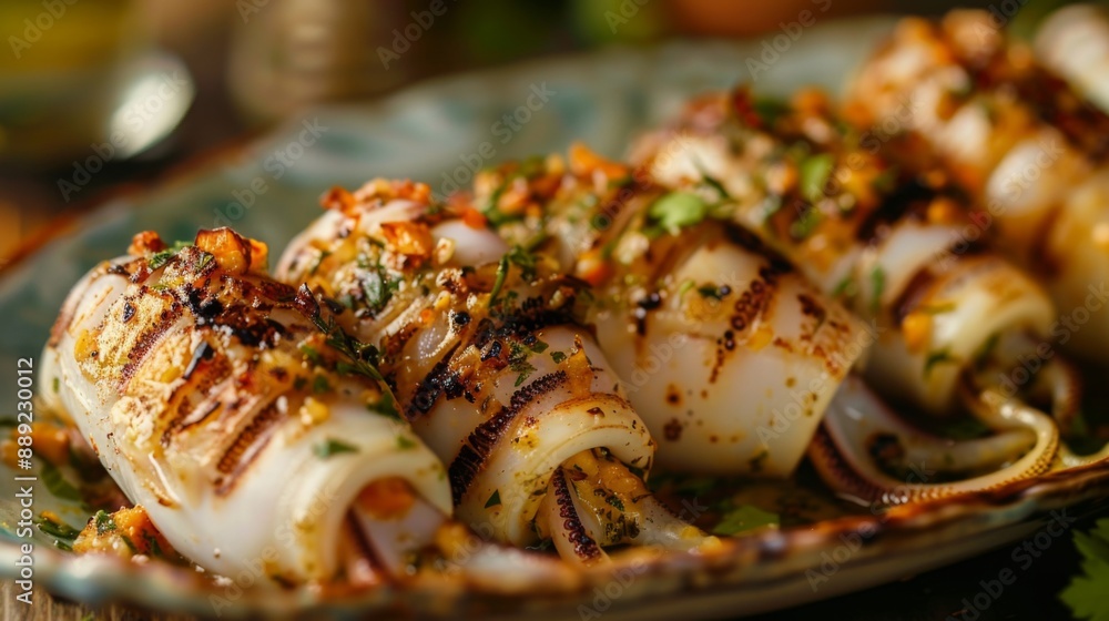 Close-up of grilled stuffed squid with a flavorful seafood stuffing on a restaurant plate. Close-up of grilled stuffed squid with a flavorful seafood stuffing on a restaurant plate.
