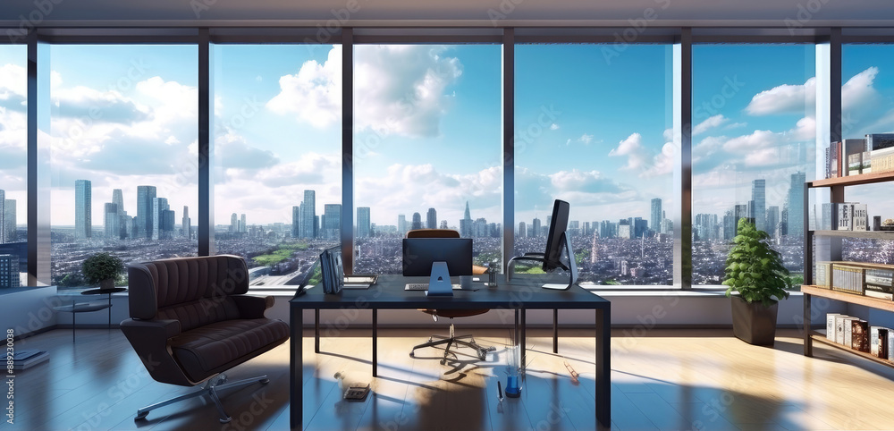 Fototapeta premium Spacious Modern Office Overlooking the City Skyline