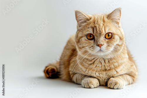 A cat sits on a white surface looking directly at the camera