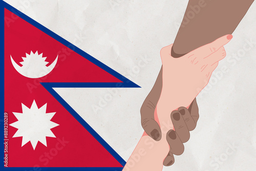 Helping hand against the Nepal flag. The concept of support. Two hands taking each other. A helping hand for those injured in the fighting, lend a hand photo