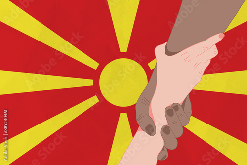 Helping hand against the North Macedonia flag. The concept of support. Two hands taking each other. A helping hand for those injured in the fighting, lend a hand photo