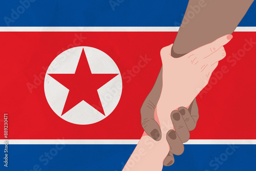 Helping hand against the North Korea flag. The concept of support. Two hands taking each other. A helping hand for those injured in the fighting, lend a hand photo