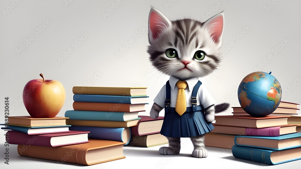 kitten child with books and apple kitten child with books and apple