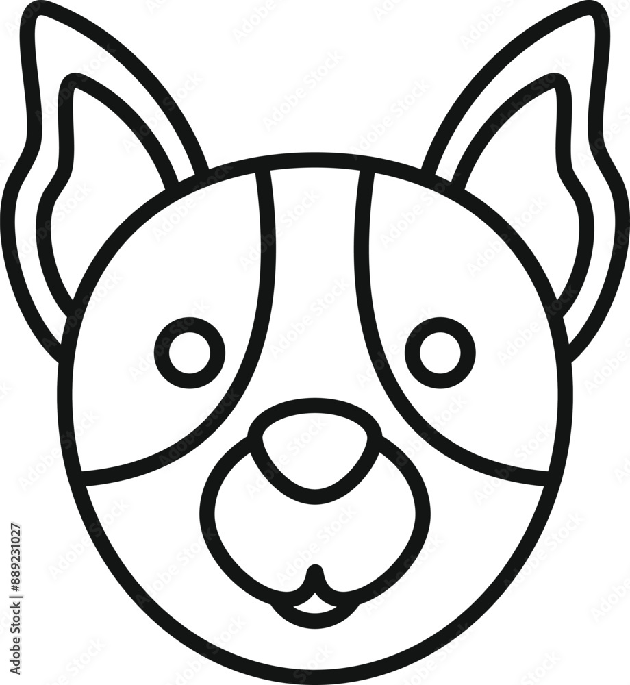 Simple line drawing of a dog face with big ears looking forward Simple line drawing of a dog face with big ears looking forward