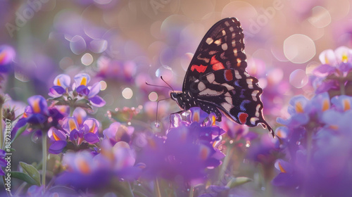 Wallpaper Mural Macro of a butterfly on purple wild peas with chamomile in the background and morning dew Torontodigital.ca