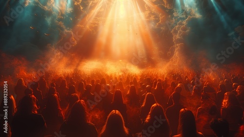 A Large Crowd Gathered Below A Bright Light Emitting From The Clouds © fotofabrika