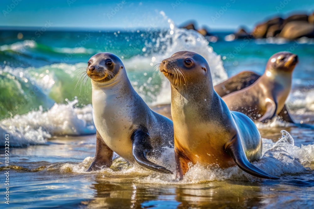 Fototapeta premium Adorable seals frolic and chase each other on a sun-kissed rocky beach, their sleek bodies glistening with seawater as they revel in playful abandon.