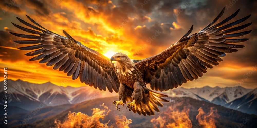 Obraz premium Majestic eagle spreads imposing wings, riding thermals high above, feathers aflame in golden light, piercing gaze scanning the landscape below with regal dominance.