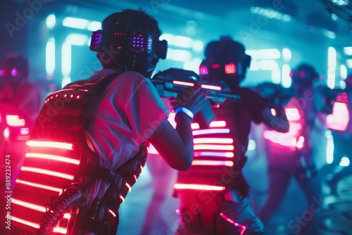 Dynamic Shot of Laser Tag Match with Players in Glowing Neon Lights, Intense Expressions and Futuristic Setting