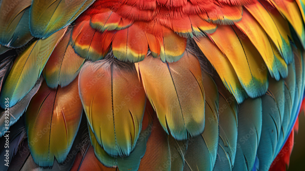 Obraz premium Macro shot of a parrot's head, highlighting its intricate feather patterns