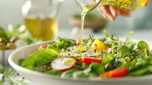A close-up of a fresh salad being drizzled with olive oil, highlighting healthy ingredients. Concept: nutritious meal.