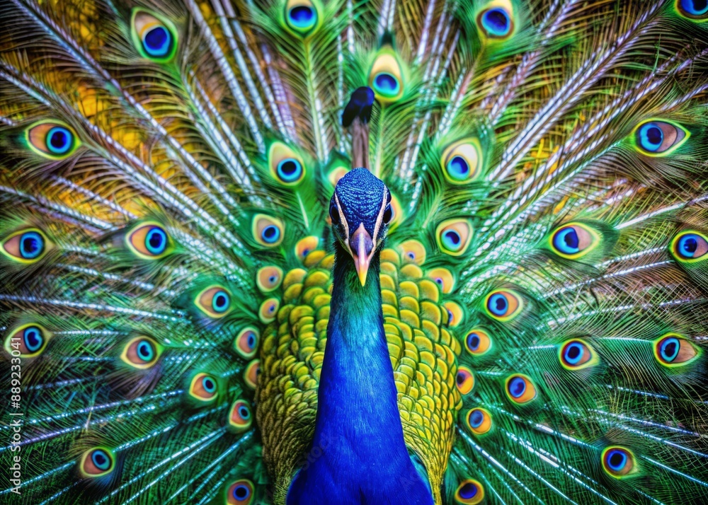 Fototapeta premium Vibrant closeup of majestic peacock spreading colorful plumage, iridescent blues and emerald greens shining in stunning 8k ultra-high definition photo, nature's beauty showcased.