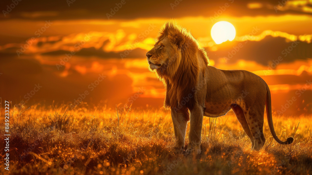 Majestic lion standing on the African savannah at sunset, bathed in golden light Majestic lion standing on the African savannah at sunset, bathed in golden light