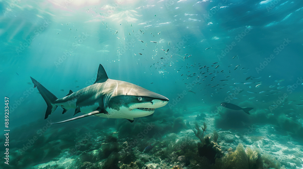 Majestic shark moving through the ocean with small fishes in its wake Majestic shark moving through the ocean with small fishes in its wake