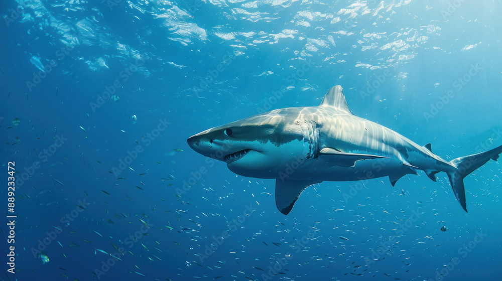 Obraz premium Majestic shark moving through the ocean with small fishes in its wake