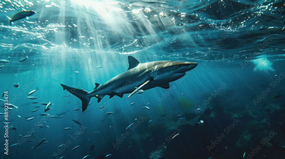 Fototapeta premium Majestic shark moving through the ocean with small fishes in its wake