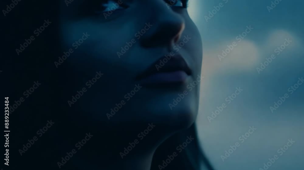 This woman's profile silhouetted against a blue sky at dusk. Emotion anxiety This woman's profile silhouetted against a blue sky at dusk. Emotion anxiety
