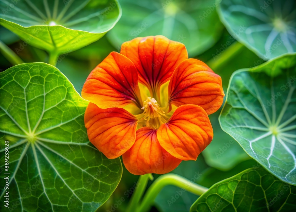 Vibrant orange nasturtium flower bud unfurls amidst lush green leaf on pristine white background, showcasing intricate details and textures in stunning close-up top view. Vibrant orange nasturtium flower bud unfurls amidst lush green leaf on pristine white background, showcasing intricate details and textures in stunning close-up top view.