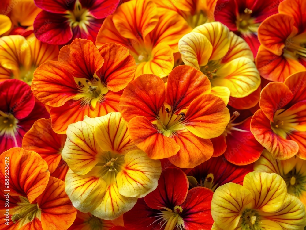 Vibrant nasturtium blooms fill the frame, showcasing delicate, crepe-paper-like petals and intricate, swirling patterns in shades of bright yellow, orange, and crimson red. Vibrant nasturtium blooms fill the frame, showcasing delicate, crepe-paper-like petals and intricate, swirling patterns in shades of bright yellow, orange, and crimson red.