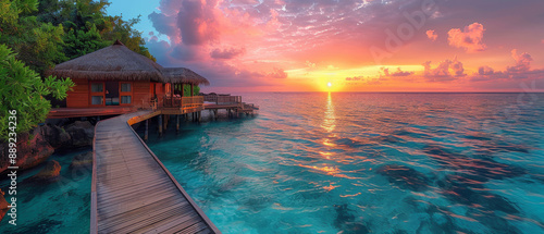 Tropical Sunset Over Water Villas With Wooden Walkway photo