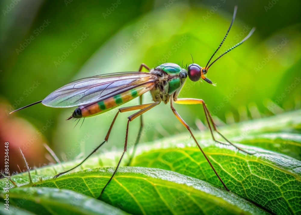 Delicate fungus gnat perches on a leaf's edge, its long slender body and transparent wings a striking contrast to the lush green plant surroundings. Delicate fungus gnat perches on a leaf's edge, its long slender body and transparent wings a striking contrast to the lush green plant surroundings.