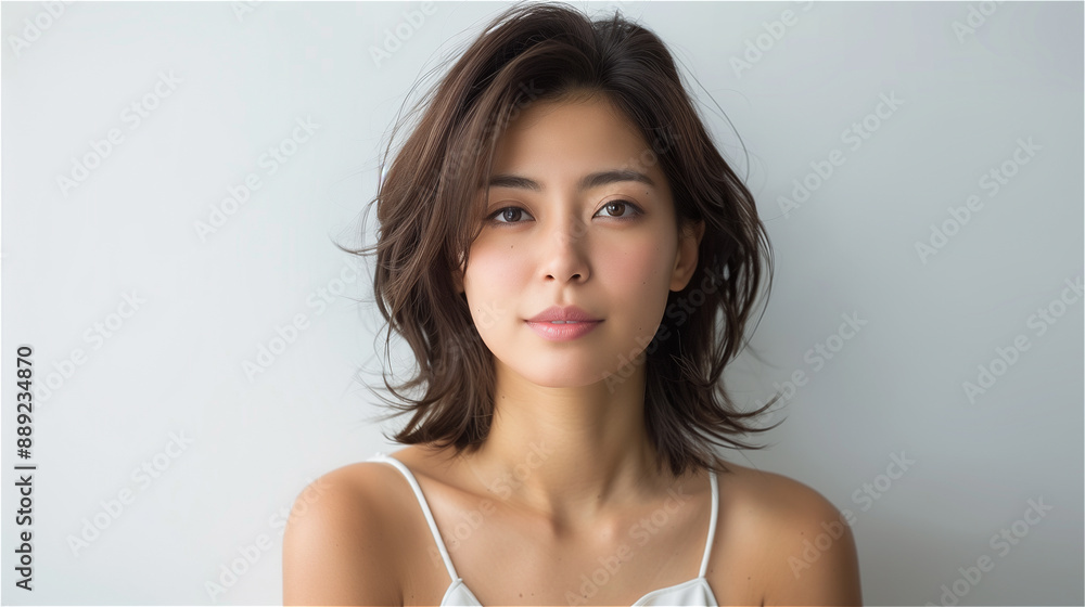 A Korean K-pop singer walking in a sleeveless white dress on the beach, a close-up A Korean K-pop singer walking in a sleeveless white dress on the beach, a close-up