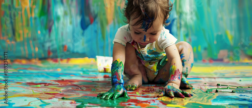 Toddler Covered In Paint Playing On Floor photo