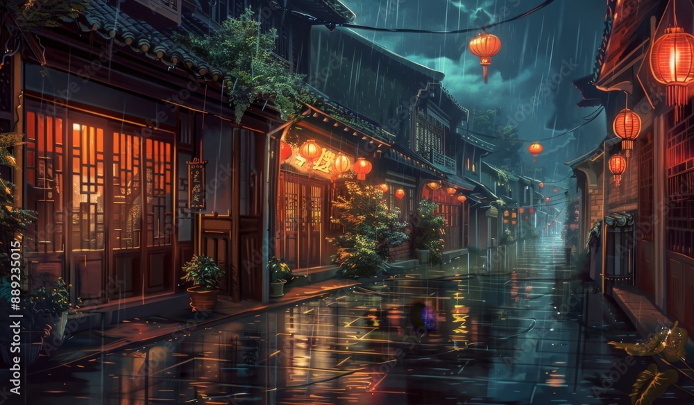 A small street in the middle of rural Japan, brimming with businesses, raining weather, nighttime, anime artwork A small street in the middle of rural Japan, brimming with businesses, raining weather, nighttime, anime artwork