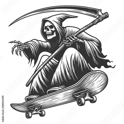 Grim Reaper riding a skateboard holding a scythe, dark themes with skate culture sketch engraving generative ai fictional character vector illustration. Scratch board imitation. Black and white image.