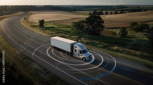A white semi-truck drives autonomously on a highway that cuts through a rural area. The truck is surrounded by a blue digital halo indicating its use of sensors and automation