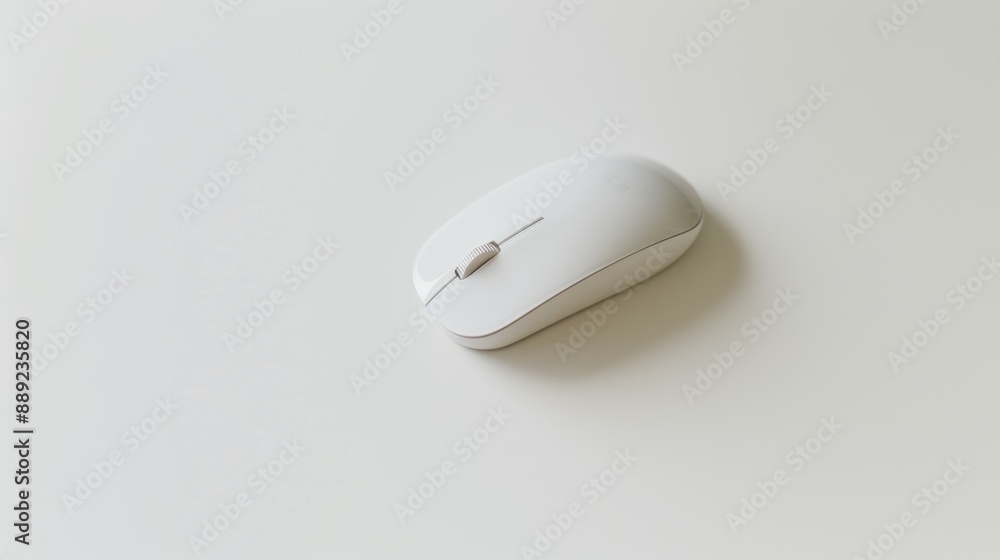 Minimalist workspace concept with a white wireless mouse on a clean white table, offering copy space Minimalist workspace concept with a white wireless mouse on a clean white table, offering copy space
