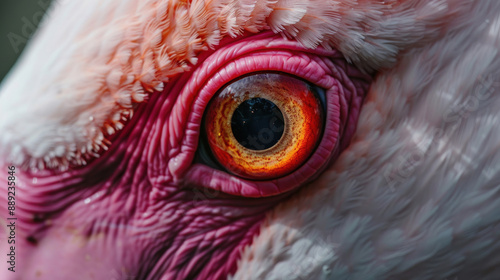 Pink flamingo's eye reflecting the surrounding African habitat in an extreme close-up