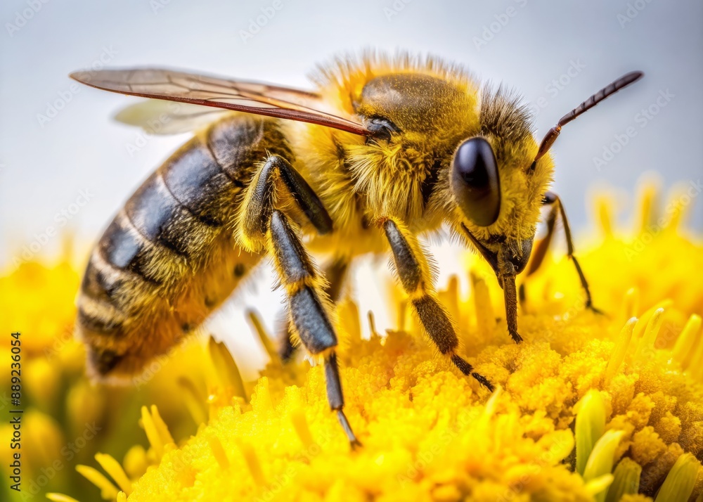 Vibrant yellow bee with hairy legs and delicate antennae sharply focused against a clean white background, busily collecting golden pollen from invisible flowers. Vibrant yellow bee with hairy legs and delicate antennae sharply focused against a clean white background, busily collecting golden pollen from invisible flowers.