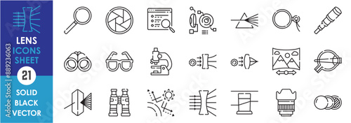 A set of line icons related to lens. Concave, convex, refraction, physics, binoculars, lens, mirror, eye, camera, contact, filter, uv, glasses, search and so on. Vector outline icons set.
