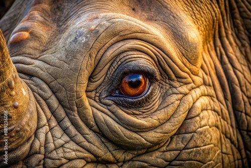 Intense gaze of a rhino's eye, showcasing a dark brown pupil surrounded by a thick eyelid and coarse eyelashes in a rugged, natural setting.