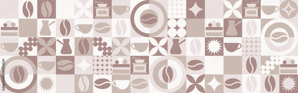 Coffee seamless background for textile and wallpaper with geometric shapes and coffee beans. Fashionable splash template with a cup in brown and green tones. Coffee seamless background for textile and wallpaper with geometric shapes and coffee beans. Fashionable splash template with a cup in brown and green tones.