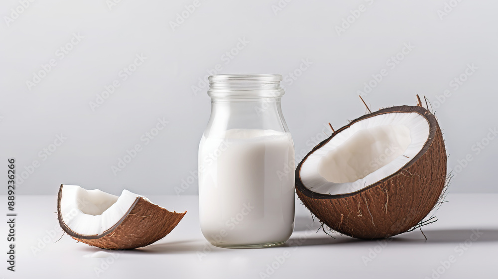 Two coconut halves next to a bottle of coconut milk. Two coconut halves next to a bottle of coconut milk.