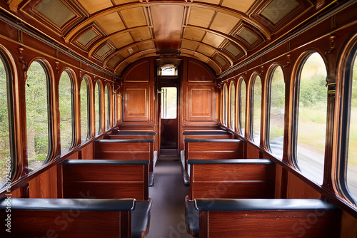  interior de un tren clasico hecho principalmente de madera, con paneles de madera en las paredes y el techo.