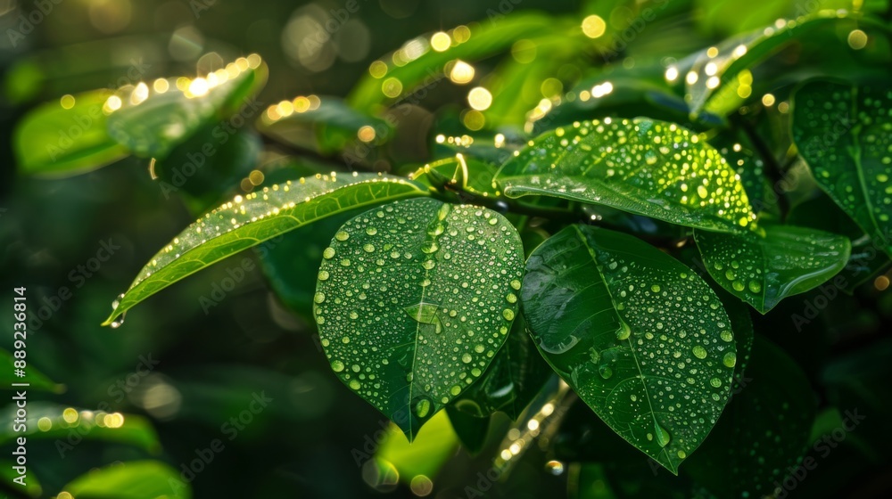 Dew-covered leaves of a tropical plant, with sunlight creating a sparkling effect. Dew-covered leaves of a tropical plant, with sunlight creating a sparkling effect.