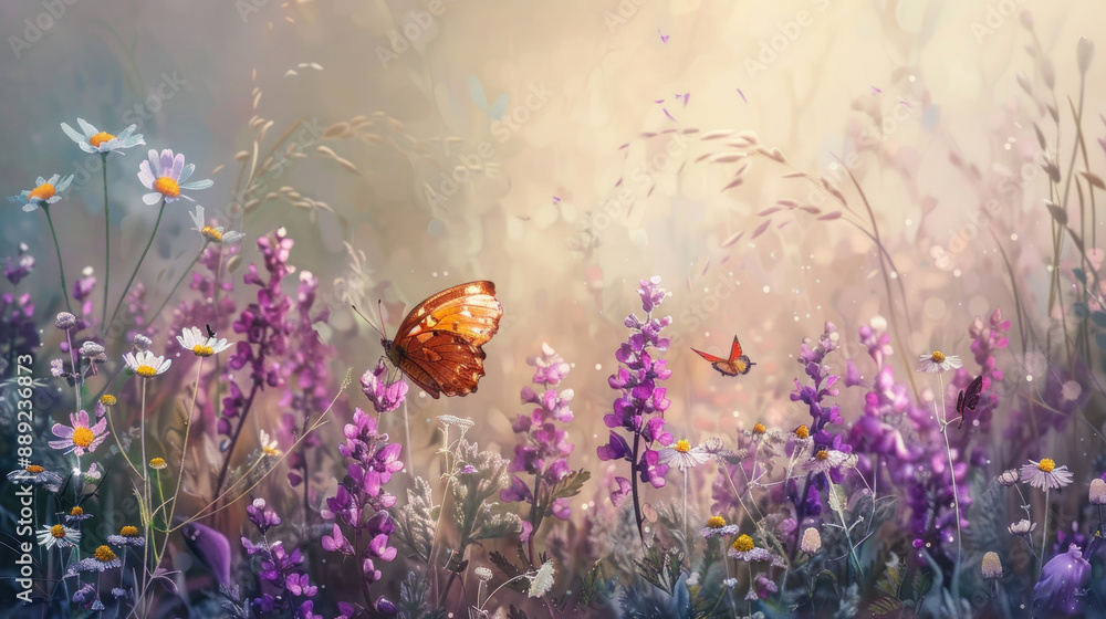 Fototapeta premium Purple wild peas and chamomile with a butterfly in a dreamy, hazy morning setting
