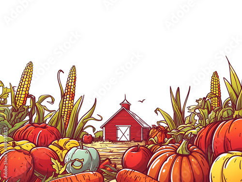 Autumn Harvest: A picturesque fall scene with a red barn, pumpkins, apples, corn, and carrots. Perfect for autumnal, harvest, and Thanksgiving themes.  
