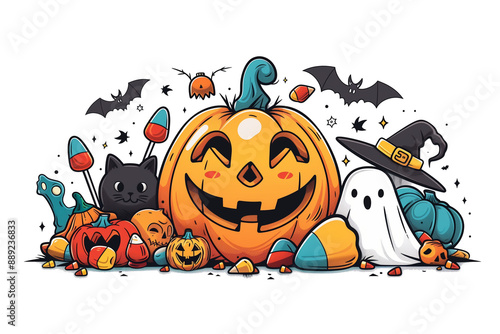 cartoon style illustration of carved pumpkins, black cat, spooky ghost and bats in halloween decorations on transparent background