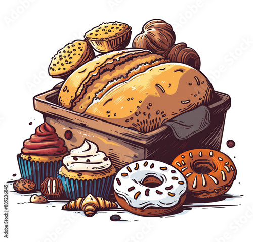  A colorful illustration of freshly baked bread, pastries, and sweet treats. A visual feast for the senses, capturing the aroma of freshly baked goods.  