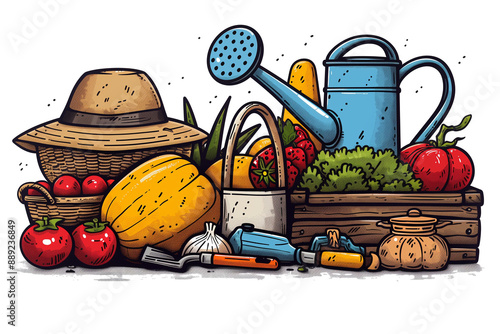 Harvest Time Cartoon Illustration: A vibrant cartoon illustration showcasing the bounty of a summer garden.  A variety of fresh produce, gardening tools, a watering can, and a straw hat