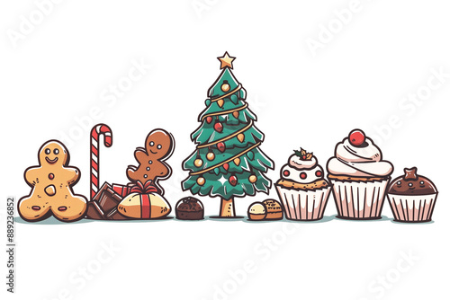 Christmas Treats: A festive illustration featuring a Christmas tree, gingerbread men, candy canes, presents, chocolates, and cupcakes, perfect for holiday greetings, social media posts, and more. 