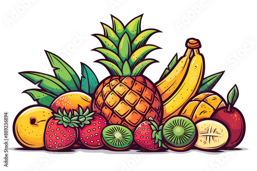 Tropical Fruit Fiesta: A vibrant assortment of pineapple, bananas, kiwi, strawberries, mango, and peaches burst with juicy color in this playful illustration. 