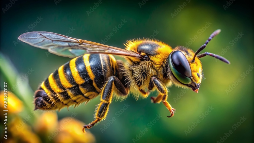 Vibrant yellow and black striped bee in mid-flight, wings beating rapidly, sharp focus on its busy, furry body and intricate compound eyes. Vibrant yellow and black striped bee in mid-flight, wings beating rapidly, sharp focus on its busy, furry body and intricate compound eyes.
